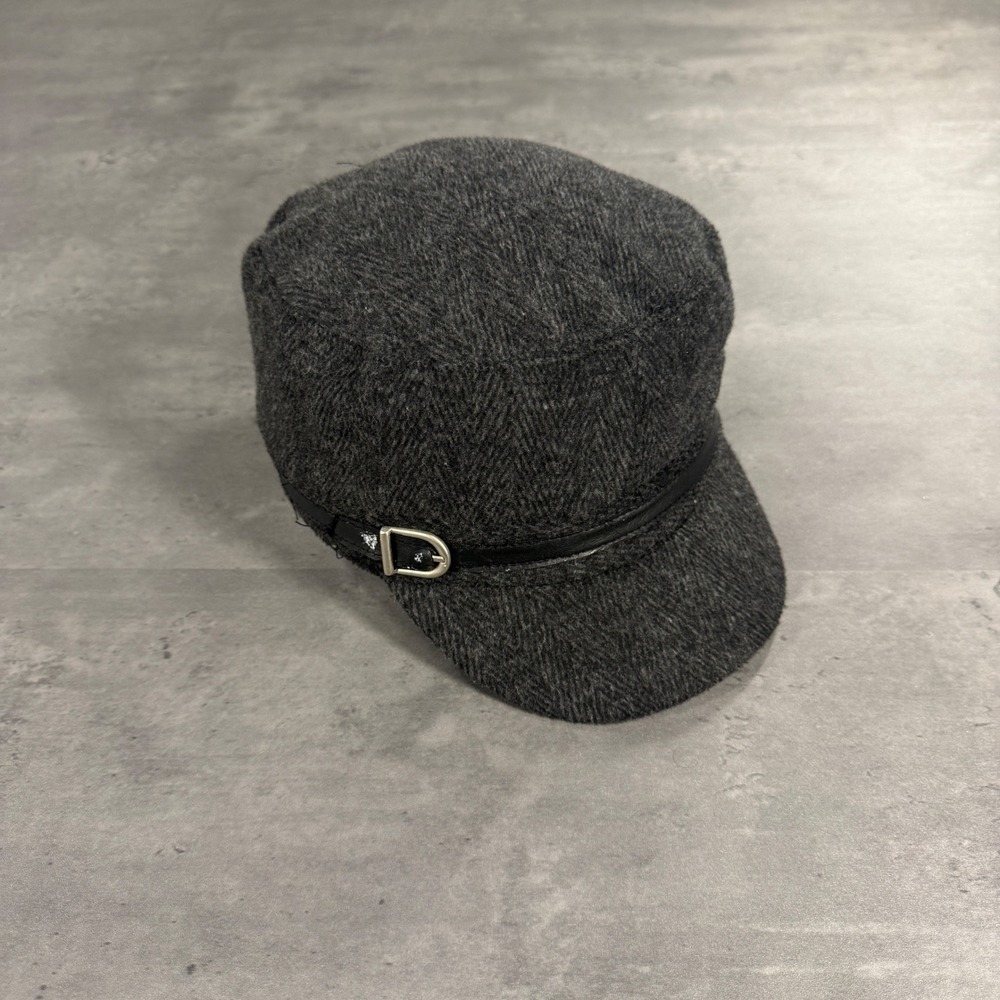 Cadet Hat Women OS Black Gray Herringbone Faux Leather Buckle Military Cap